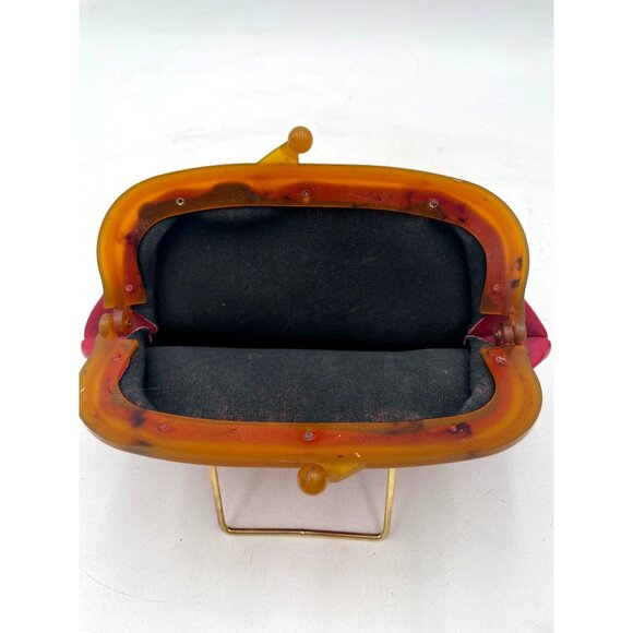 Vintage Red Leather Kiss Lock Clutch Purse Lucite Amber Frame & Black Lining - Picture 3 of 5